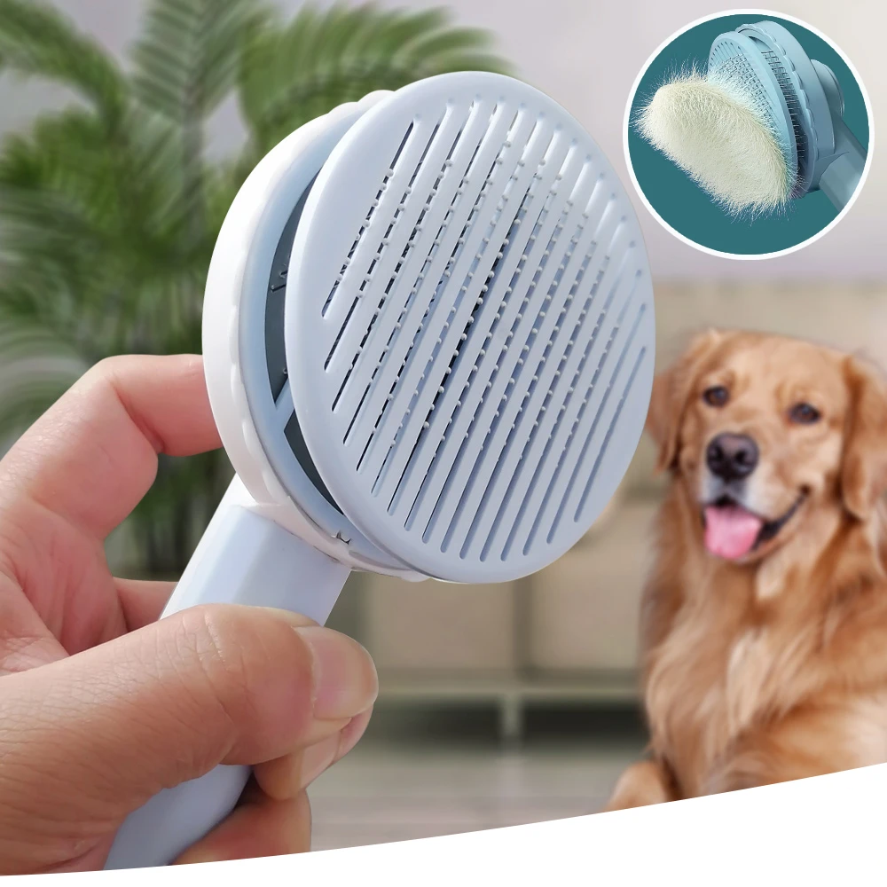 Pet grooming brush held by a hand with a dog in the background