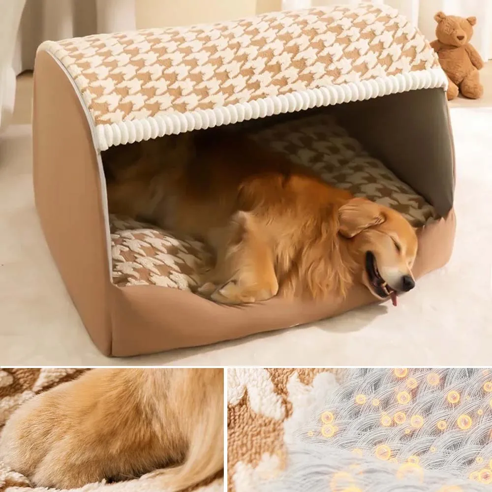 A golden retriever dog rests inside a small covered pet bed with a tan and cream houndstooth patterned roof and cushion. The main photo shows the dog bed in a home setting, with two smaller detail panels at the bottom showing close-ups of the fur and the fabric texture.
