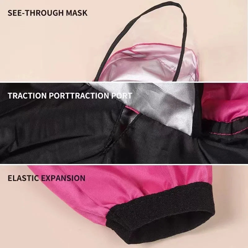 Close-up of a pink and black jacket with labeled features on a beige background